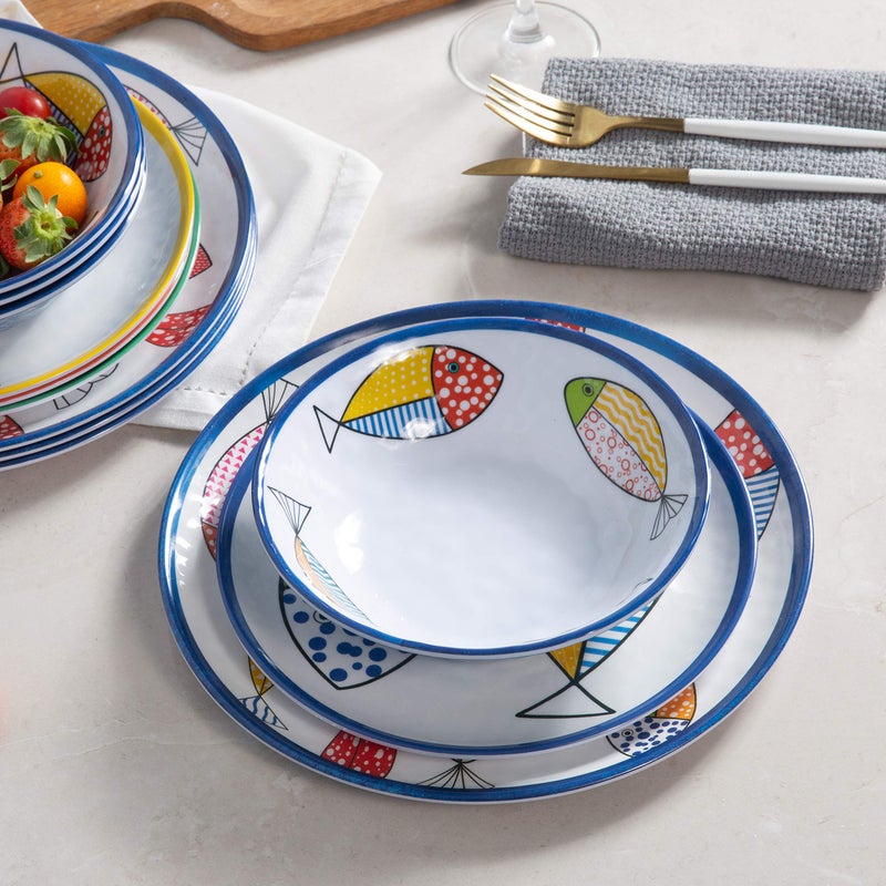 Gofunfun Melamine Dinnerware set for 4, Plates and Bowls Sets, Great for Camper, RV, Indoors Outdoors Use with Ocean Printed, Unbreakable - Image 4